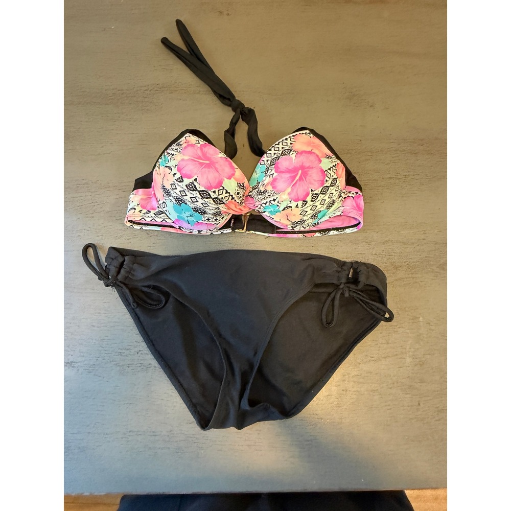 Tahiti Womens Tropical Floral Geometric Push Up Bikini Set Black Pink Medium